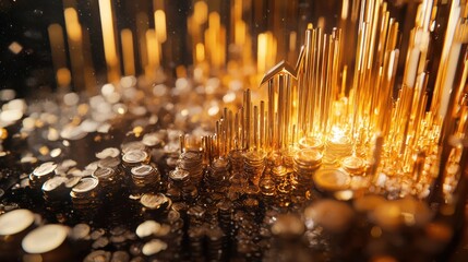 Obraz premium Golden Financial Growth: Abstract 3D Rendering of Ascending Bars and Coins