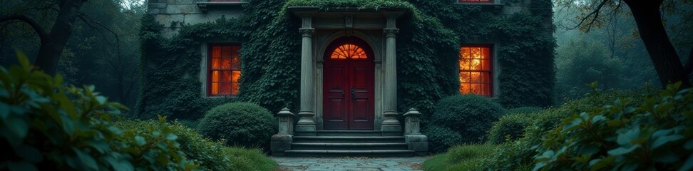 The grand entrance of a mansion with a creepy door, eerie welcome, overgrown bushes