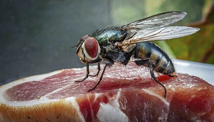Symbol, animal, insect, close-up of a blowfly on a piece of meat, Calliphoridae, Calliphora vicina, AI, generated, AI generated