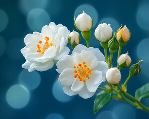 Fototapeta premium White Roses in Bloom A Close-Up View of Delicate Petals, Orange Pistils, and Lush Green Leaves