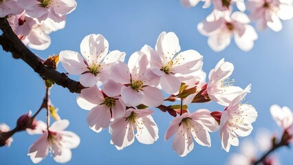 Obraz premium Blooming cherry blossoms with soft pink petals against a clear blue sky, with delicate sunlight filtering through, AI generated