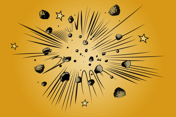 Abstract comic book flash explosion radial lines with stone on yellow background. Bright light strip burst comic design.