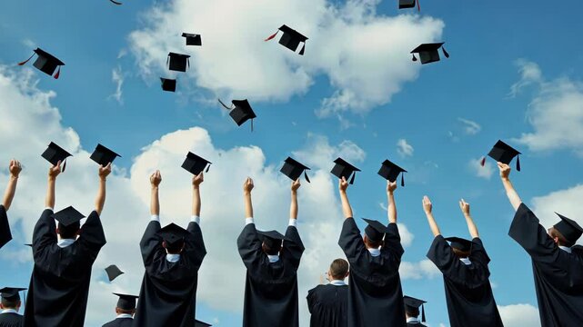 Back view of graduates in gowns throwing hats into the sky. Students celebrating graduation from university or college.