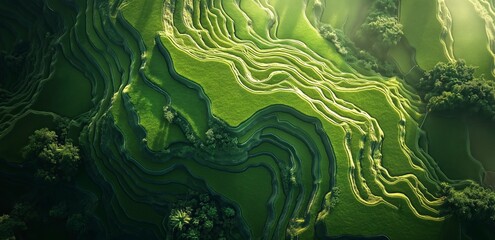 Emerald Terraces: An aerial view of vibrant green rice terraces cascading down a hillside, creating a mesmerizing pattern of undulating lines and textures. The scene is bathed in soft.