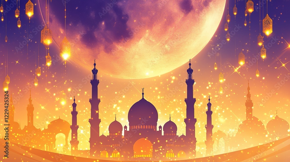 Fototapete ramadan kareem art with mosque and abstract illustration design background shiny golden crescent moo