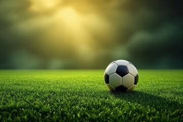 Fototapeta premium A soccer ball resting on a vibrant green grass field under a glowing golden sky background. Concept of sports, outdoor activities, and recreation. Ai generative