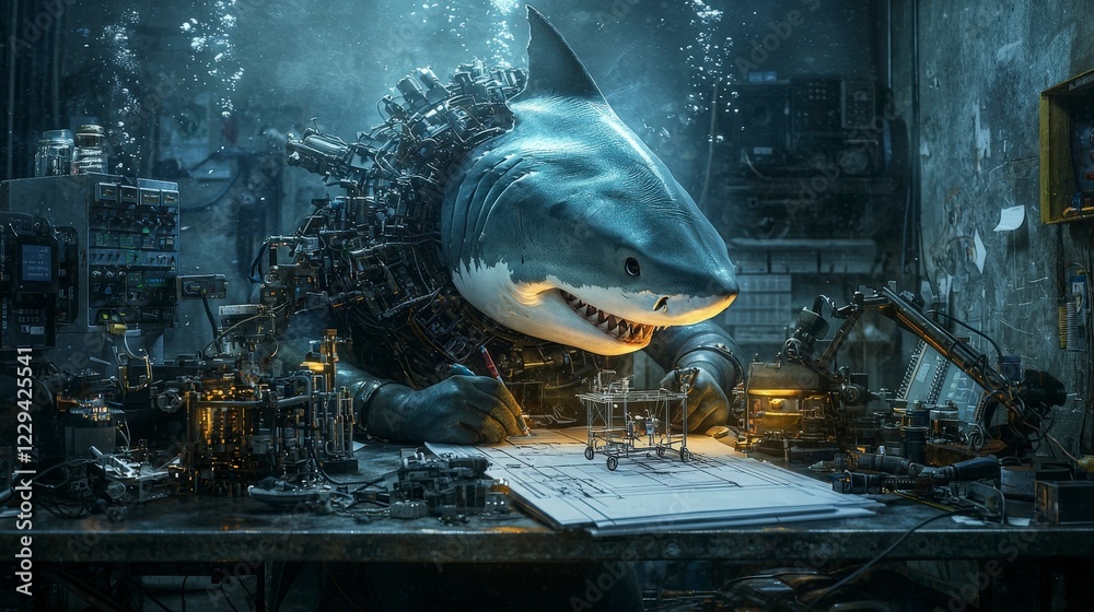 Poster Inventive shark engineer creating unique underwater gadgets in a deep-sea workshop environment