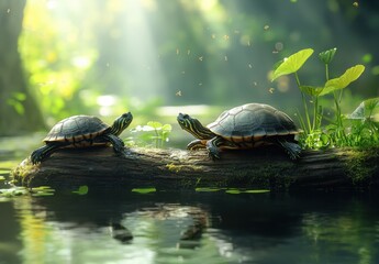 Obraz premium Serene Moment of Turtles Resting on a Log by a Tranquil Stream Surrounded by Lush Greenery and Sunlight Filtering Through the Trees