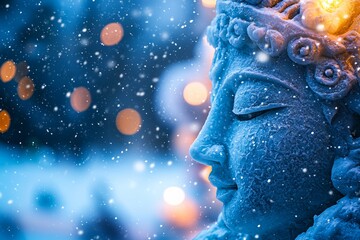 Intricate ice sculpture at the Sapporo Snow Festival with soft lighting and snowflakes in a dreamy winter setting