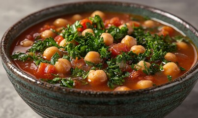 Chickpea tomato soup with parsley in bowl on kitchen counter for healthy meal