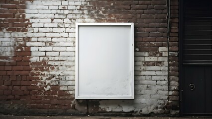 Empty blank white poster on old brick wall in a trendy shopping district, AI generated