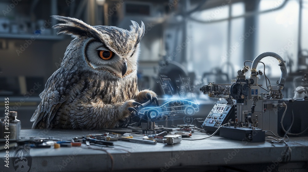 Aufkleber owl engineer designs futuristic vehicle in modern lab high-tech environment creative perspective inn