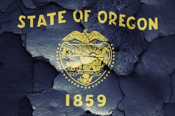 Flag of Oregon painted on cracked wall