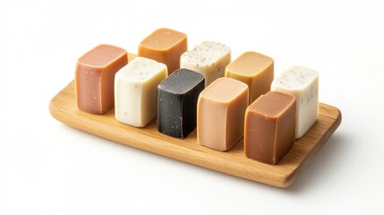 Natural Soap Bars Set on Wooden Tray in Earthy Tones