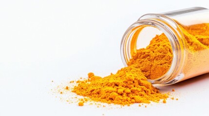 Bright Yellow Turmeric Powder in a Glass Jar Spilling on White Surface