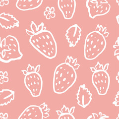 Hand drawn strawberries seamless pattern. Berries on pink background. Naive art style backdrop. Fruit pattern design for textile, wallpaper, and print.