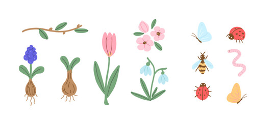 Spring Flowers and Garden Insects Hand Drawn Illustration. Naive Art Illustration.