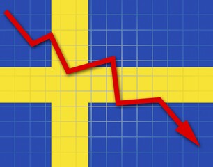 Fototapeta premium The Swedish flag and arrow graph going down