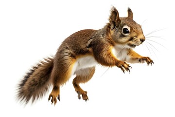 Obraz premium Agile european squirrel mid leap its bushy tail extended for balance, isolated on white background, AI generated
