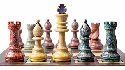 Colorful chess pieces on a board, strategy game, white background, competitive game, stock photo