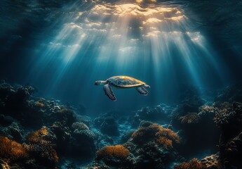 Fototapeta premium Serene Turtle Swimming Through Vibrant Coral Reef in Crystal Clear Ocean Water Illuminated by Dramatic Sunlight Rays and Blue Tones