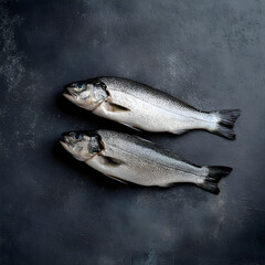 Fresh fish seabass on dark aesthetic background.