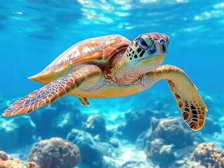 Obraz premium Serene underwater scene featuring a graceful green turtle swimming among vibrant coral reefs and clear blue waters, showcasing marine life and biodiversity.