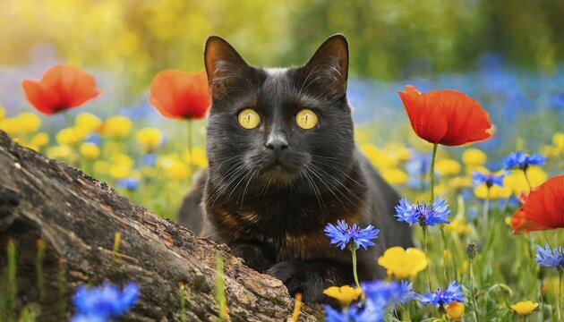 KI generated, animal, animals, mammal, mammals, cat, felidae (Felis catus), lying in a meadow with colourful flowers