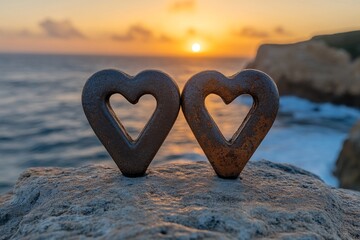 Sun sets over the ocean as two heart-shaped stones stand together on a rocky ledge