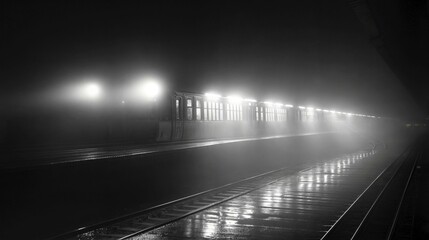 A dimly lit subway station with lights reflecting on a wet platform, AI generated