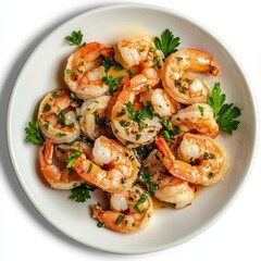 A plate of spicy garlic butter shrimp with parsley, isolated white background, hyperrealism art style