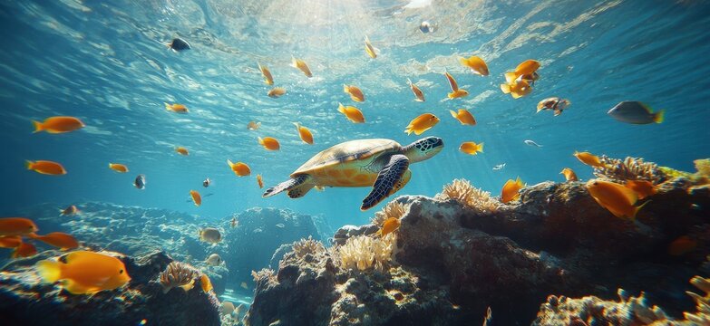 Serene Underwater Scene with a Sea Turtle Surrounded by Colorful Fish Among Vibrant Coral Reefs in Crystal Clear Ocean Waters