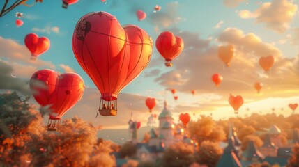 Naklejka premium Hot Air Balloons in Heart Shapes Floating Above Scenic Landscape