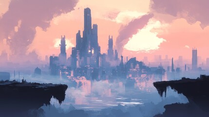 Fototapeta premium A stunning futuristic city rises among misty mountains, surrounded by colorful skies. The scene invites viewers to imagine a serene yet vibrant world filled with mysteries.