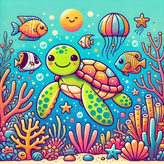 Cute turtle swimming among colorful fish and coral, vector illustration, vibrant ocean scene