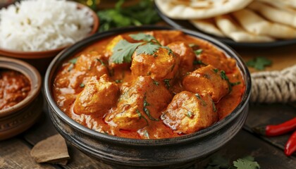 An aromatic bowl of chicken tikka masala served with rice on the side, AI generated