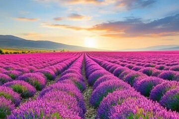 Fototapeta premium Lavender flowers bathed in the golden hues of sunset in Provence, France. A macro image with a shallow depth of field, showcasing beautiful nature