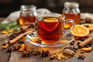 Glass mug of herbal tea with orange slices, cinnamon, star anise, and honey on a rustic wooden surface. Warm light background, cozy drink concept. Ai generative