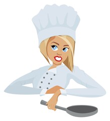 Cartoon female chef in hat With pan