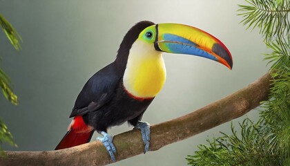 Fototapeta premium KI generated, animal, animals, bird, birds, biotope, habitat, one, individual, rainforest, Costa Rica, perch, perch, branch, tree, fisher toucan, rainbow tulcan, toucans, woodpeckers, (Ramphastos sulfuratus), pepper-eater, Central America