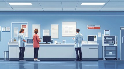 Minimal background clinic scene vector style medical staff attending to patients in sleek examination rooms with simple design and modern equipment creating a calm healthcare atmosphere