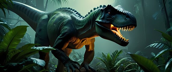 A thrilling close up of a fearsome dinosaur examining its lush habitat in the jungle