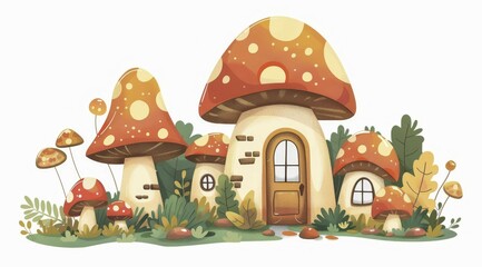Fototapeta premium Cozy illustration of a mushroom house in soft, gentle colors with surrounding foliage and stepping stones, ai generated, AI generated