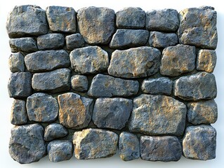 Cobblestone wall section isolated on white, background use