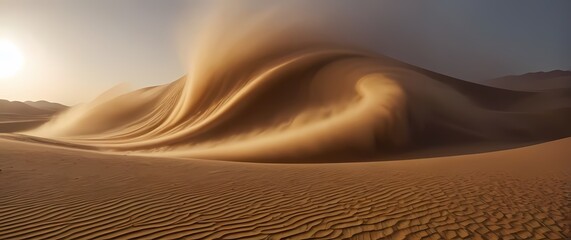 A thrilling close up of a sandstorm swirling in the desert catching the light in a dramatic moment