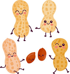 Cute peanut characters. Fresh organic cartoon nuts on white background. Vector illustration set.