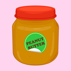 Peanut butter in a jar. Organic butter snack spread made of peanuts. Jar of peanut butter paste with red cap and label sticker with peanut butter text. Vector illustration