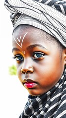 Young girl model with serene expression in elegant face paint and stylish headwrap against white background
