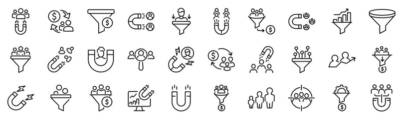 Set of 30 outline icons related to lead generation.  Linear icon collection. Editable stroke. Vector illustration	