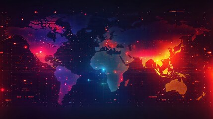 Global network data flow, digital map, glowing